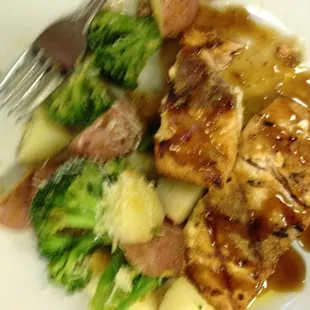 Bourbon Salmon with red potatoes and broccoli ..