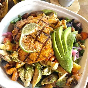 Veggie Nutritious Delicious Bowl add Grilled Wild Alaska Salmon - cooked using only Organic Extra Virgin Olive Oil