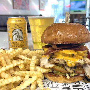 Organic Chicken Sandwich with Bacon &amp; Avocado with Crinkle Cut Fries and Calidad Beer