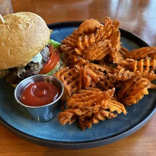 Lamb burger with sweet potato waffle fries! AND they do gluten free!