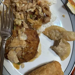 Combo Egg Fo Young with fried rice, potsticker and green chile agh roll