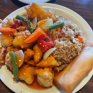 Sweet and sour pork, spring roll, bbq pork fried rice