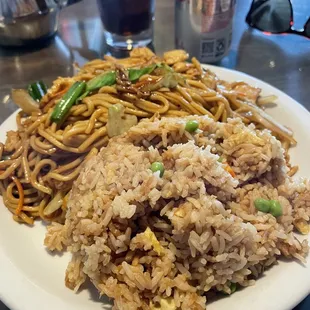 Chicken chow mein with fried rice.