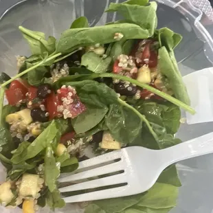 Spinach salad with quinoa, black beans, peppers and zucchini- yum