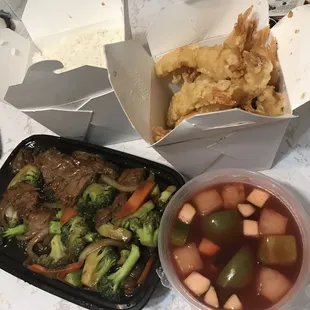 Beef Broccoli and Sweet and Sour Sauce Shrimp