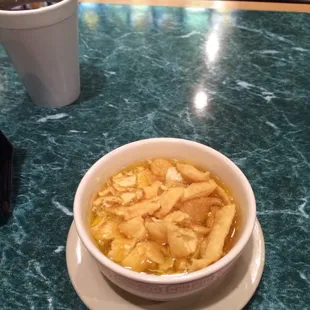 egg drop soup with crunchy crouton cracker things and awesome hot black tea