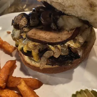 Mushroom burger with grilled onions