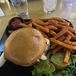 Mushroom burger with sweet potato fries