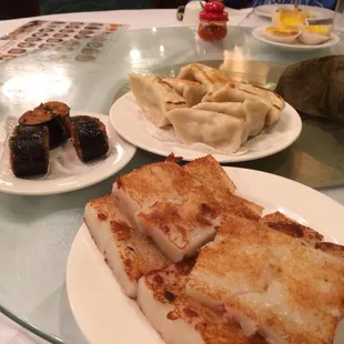 Dumplings, turnip cake and fried fish seaweed.