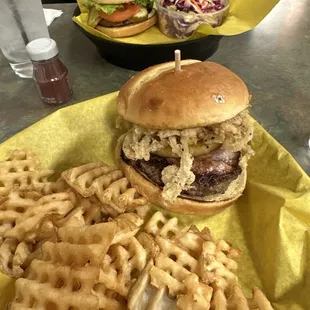 Hawaiian burger with fried and cheeseburger with slaw