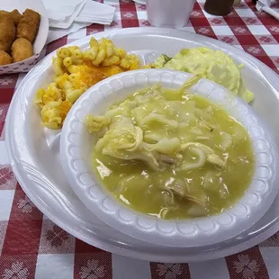 Chicken and dumplings, potato salad, and Mac and cheese, plus a drink and hush puppies for less than $10!