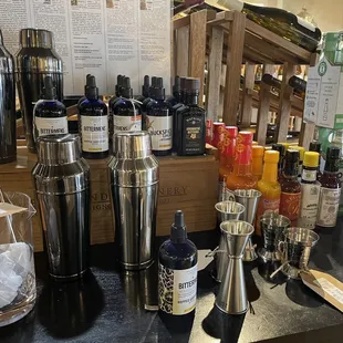 a variety of bottles and glasses