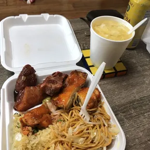 a take out container of food