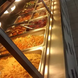 a buffet with many different types of food