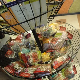 a wire basket filled with food