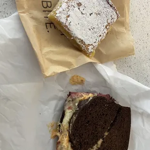 Grilled Ruben sandwich with lemon bar!