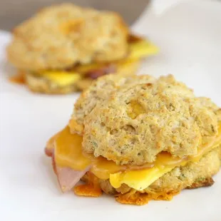 Turkey, egg, and cheese on a homemade cheddar biscuit.