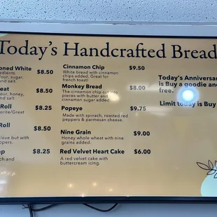 a menu for today's hand crafted breads