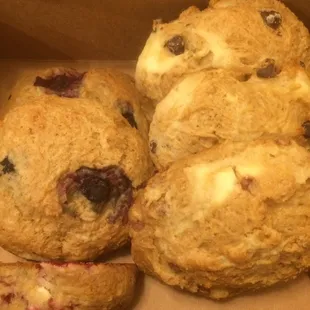 Berry cream cheese, raspberry, and chocolate chips scones. $2.95 each.