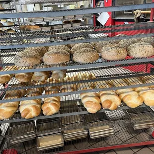 a variety of breads on racks