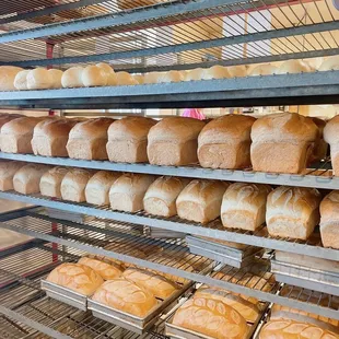 a variety of breads on shelves