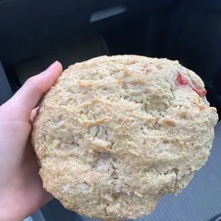 Strawberry Peach scone... although there weren't many strawberries,and I believe there was only 1 peach piece in there.