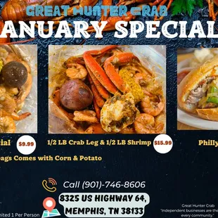 January special shrimp, crab leg, potato, corn, philly Cheesesteak