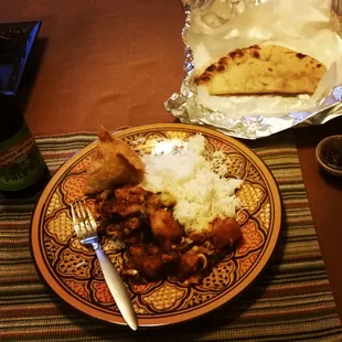 Aloo Gobi, Naan, rice and Vegetable Samosa.