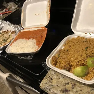 Garlic naan, butter chicken special and lamb Briyani