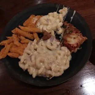 penne with sauce, mac and cheese, chicken farm, and alf. chicken