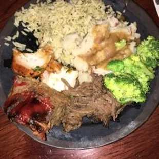 meatloaf, pot roast, rice pilaf, cheese and broccoli, Bang Bang Pork tenderloin, mashed potatoe