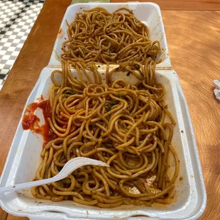 The noodle forest the scant amount of meat and veggies were lost in.