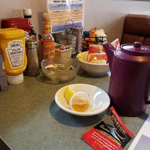 So many nice condiments on table. No need to ask it's here!