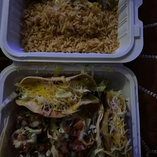 Taco Tuesday four tacos and side of rice and beans