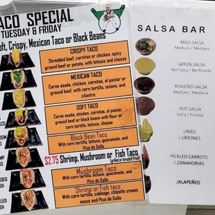 Salsa, pickle, and taco day menu