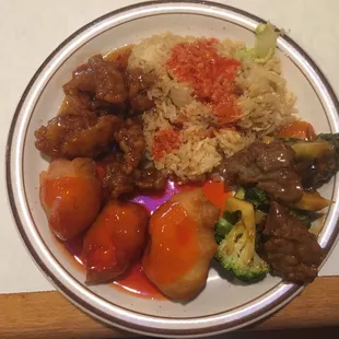 chicken fried rice, sweet and sour chicken, beef and broccoli, general tsao's chicken