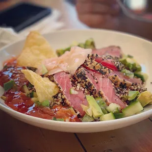 Seared ahi tuna bowl. This was delicious and fresh huge pieces of tuna.