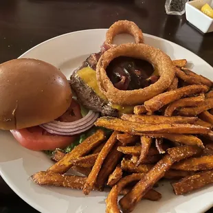 American cheese burger with sweet potato fries