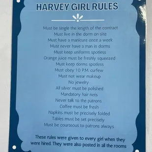 Women and girls will be fascinated by the "Harvey Girl Rules" and an offer (probably) too good to refuse (at the time) in their contract!