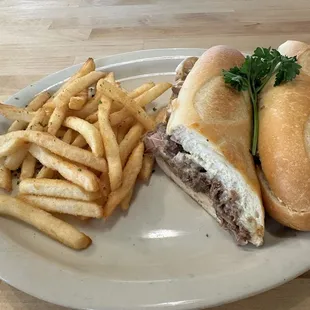 Philly Cheesesteak minus the green peppers with added mayo and a side of fries