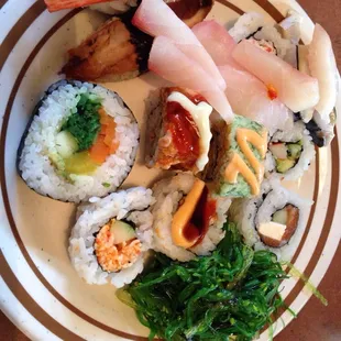 Japanese plate with a different rolls and sashimis. I love it