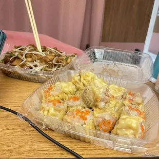 These are my favorites chow fun with pork and extra bean sprouts and shrimp and pork dumplings
