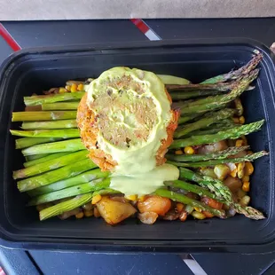 Heart of Palm crabcake with vegetables so awesome!!