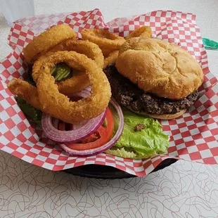 Burger and onion rings are both excellent