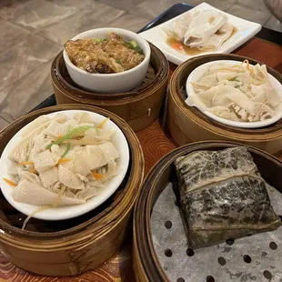 (From left to right) Beef Tripe, Stuffed Bean Curd Skin with Pork and Shrimp, Shrimp Rice Noodle Roll, Stuffed Sticky Rice in Lotus Leaf