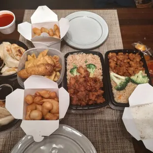 Orange chicken, Sweet n Sour chicken, Crab Rangoon, Fried Dumplings and Eggrolls.