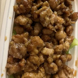 S10. Bourbon Chicken / didn&apos;t look like i was expecting, different texture, but it tasted good!
