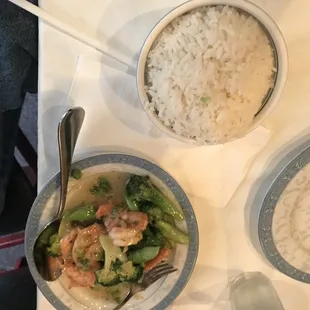 Shrimp w/Broccoli (dinner portion and we chowed down half of it before remembering to take pictures)