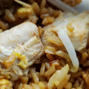 Big chunks of chicken in the chicken fried rice