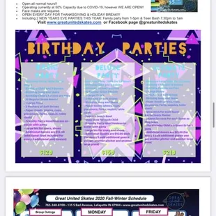 Here is information for our Birthday Parties, and our hours we are OPEN at Great United Skates